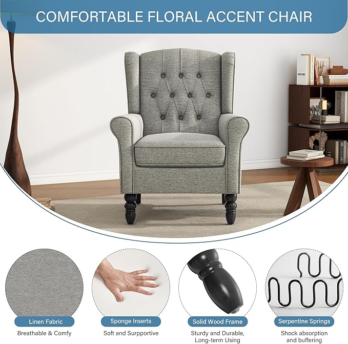 High Back Accent Chair, Fabric Upholstered Armchair Retro Wingback Arm Chair for Living Room, Comfy Single Sofa Bedroom Reading Seat with Solid Wood Legs - Light Gray