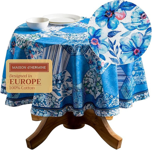 Maison d' Hermine Table Cloth Round Table 100% Cotton 69 Round Inches Tablecloth Reusable Decorative for Dining Room Farmhouse Home Valentines Day Decorations Spring Summer - Summer Blues