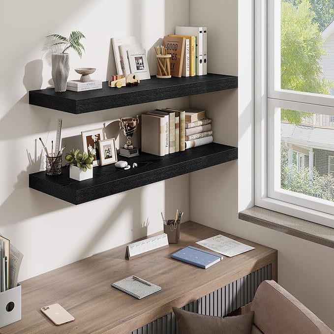 Fun Memories Floating Shelves for Wall, 40 Inch Floating Shelf for Home Decor, Wall Mounted Rustic Wood Shelves 12 Inch Deep, Hanging Deep Shelf for Bedroom, Living Room, Kitchen, Black, Set of 2
