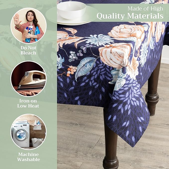 Maison d' Hermine Table Cloth Rectangle Table 100% Cotton 70 x 90 Inches Fall Tablecloth Reusable Everyday Use for Thanksgiving Christmas Decorations Dining Farmhouse Party (Pumpkin Blues)