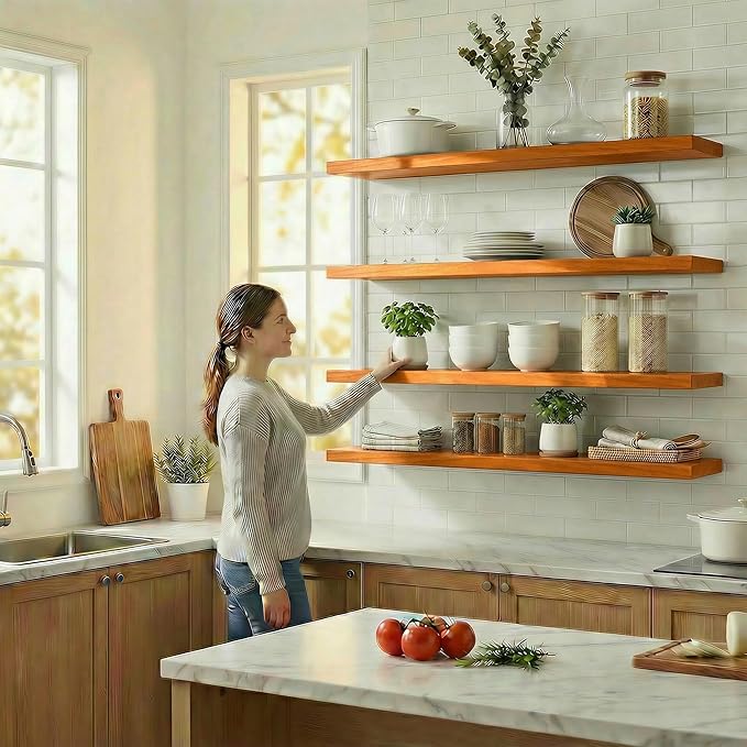 IEO Long Wooden Floating Shelves for Room Wall, Natural Wood Floating Shelves Wall Mounted Kitchen Shelf for Living Room, Bedroom, Kitchen,Bathroom, Storage (Honey Oak, 48in 4tier)