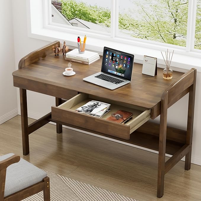 100% Solid Wood Desk with Drawers - 40 Inch Mid Century Modern Desk, Rubber Wood Vintage Desks, Manual Standing & Adjustable Height Writing Desks for Bedroom|Small Spaces - Walnut Color