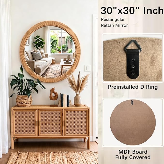30"x30" inch Large Round Rattan Mirror for Wall, Boho Decorative Wicker Mirror Waterproof Synthetic Rattan Frame, for Bathroom, Bedroom, Living Room, Entryway