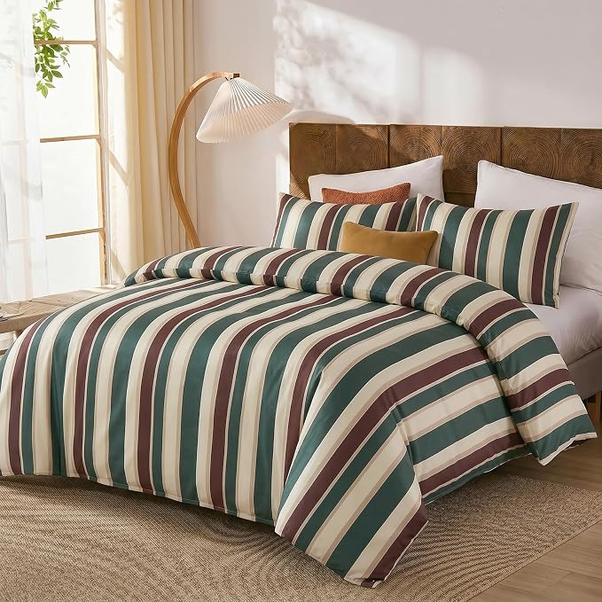 Merryword 100% Cotton Duvet Cover Set King Size - Vintage Green Cabana Striped Bedding Set with Zipper & Corner Ties, 3-Piece Luxury & Silky Soft Bedding Set for All Seasons