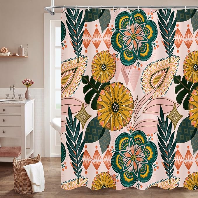 MitoVilla Extra Long Boho Floral Shower Curtain 72 x 84, Spring Modern Colorful Summer Leaves Shower Curtain, XL Chic Flower Shower Curtains for Abstract Bathroom Decor