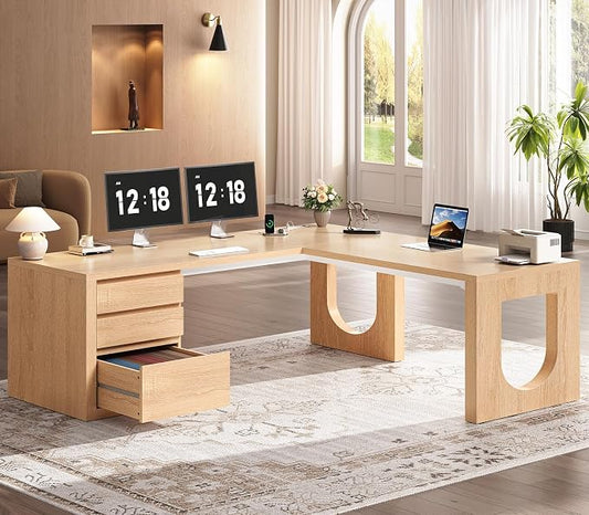 SEDETA 63" L Shaped Desk with 3 Drawers, Modern Executive Office Desk with File Drawer, Wood Corner Computer Desk with Relief Texture, Home Office Desk with Power Outlet, Natural