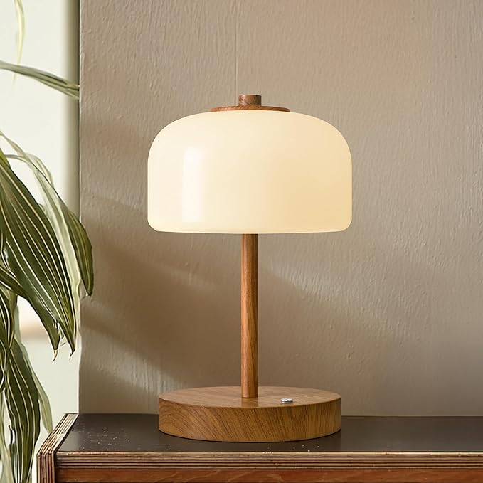 Oneach 9" Cordless Table Lamp, Wood Grain Rechargeable Battery Operated Lamp, 3-Way Stepless Dimming Touch Lamps, Small Glass Bedside Nightstand Light for Bedroom Dining Table Living Room Shelf Decor