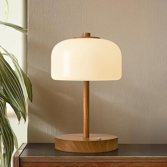 Oneach 9" Cordless Table Lamp, Wood Grain Rechargeable Battery Operated Lamp, 3-Way Stepless Dimming Touch Lamps, Small Glass Bedside Nightstand Light for Bedroom Dining Table Living Room Shelf Decor