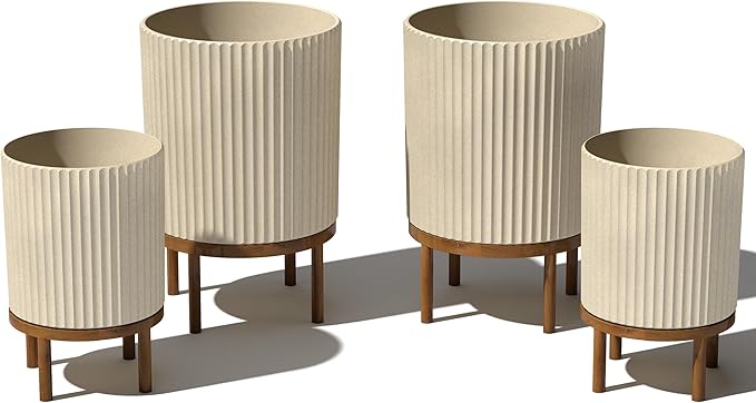 Veradek Demi Series Round Planter w/Stand for Porch/Patio | Durable Plastic-Stone Composite & Wooden Stand | Modern Décor for Tall Plants, Flowers