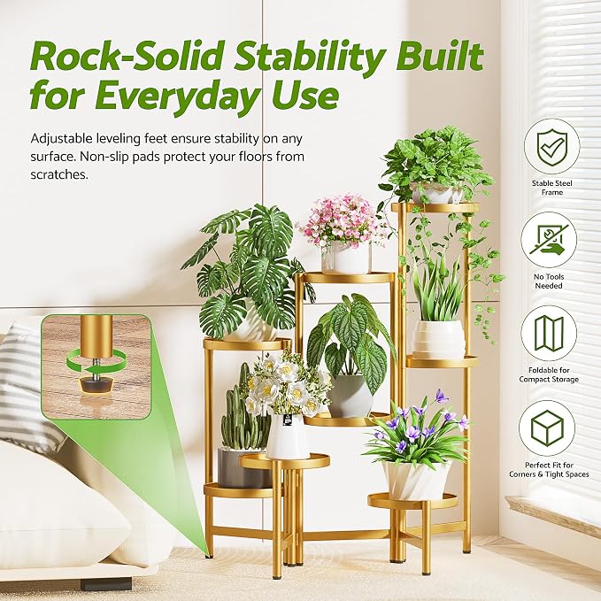 Gold Plant Stand, 8 Tiered Plant Stand Indoor for Multiple Large Planter, Tall Heavy Duty Adjustable Folding Rack with Rustproof 7.9 Inch Wide Tray, Corner Plant Shelf for Balcony - GoldDisk