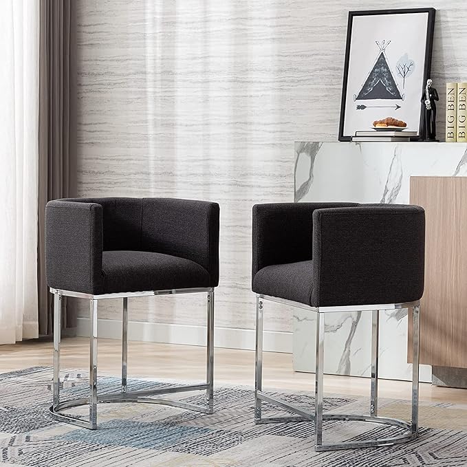Contemporary Charcoal Linen Bar Stools Set of 3, 24" Upholstered Fabric Counter Height Barstools Kitchen Counter Island Stools with Screwed Together Chrome Finish Base