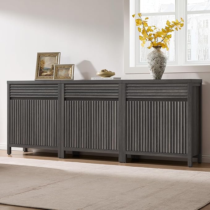 SICOTAS Sideboard Buffet Cabinet with Drawer - 87" Fluted Sideboard Modern Credenza with Doors & Adjustable Shelves, Farmhouse Coffee Bar Media Console for Living Room Kitchen Entryway, Black Oak