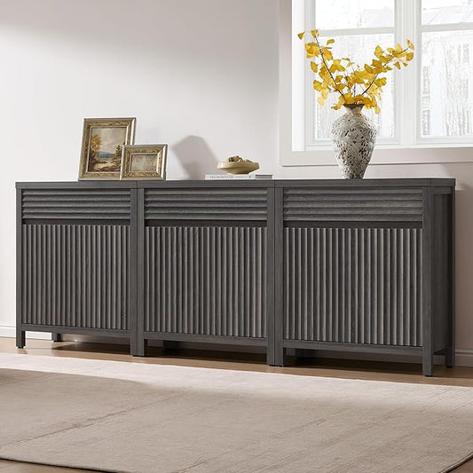 SICOTAS Sideboard Buffet Cabinet with Drawer - 87" Fluted Sideboard Modern Credenza with Doors & Adjustable Shelves, Farmhouse Coffee Bar Media Console for Living Room Kitchen Entryway, Black Oak