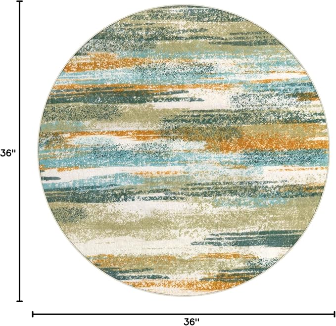 Lansny Modern Abstract Round Rug 3Ft, Green Mustard Multi Round Rug Washable Non-Slip Soft Small Circle Rug, Circular Entryway Rug Thin Print Faux Wool Carpet for Bedroom Living Room Office
