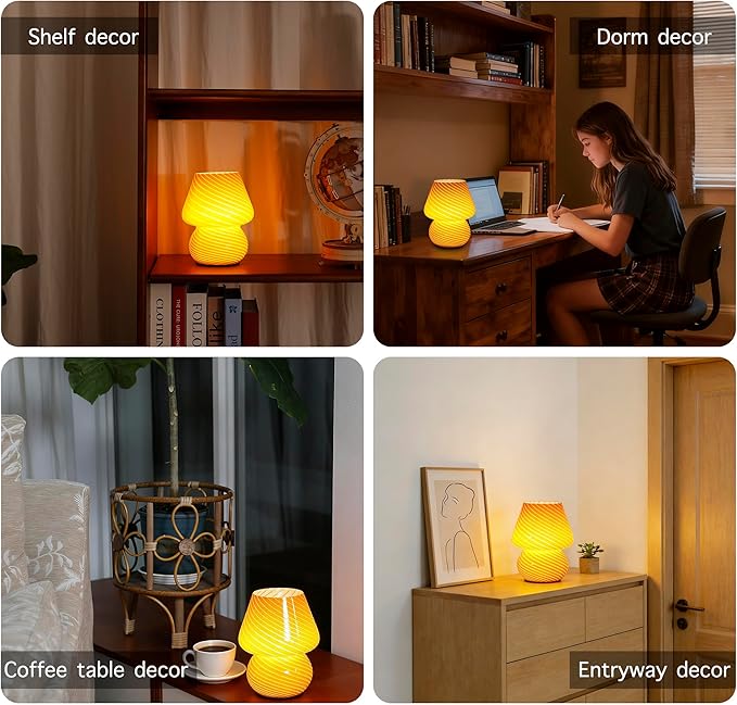 Battery Operated Mushroom Lamp-Vintage Small Table Lamps with Timer, Cordless Battery Powered Bedside Lamp for Bookshelf/Bedroom/Kitchen/Living Room/Shelf/Entryway Decor Aesthetic,Orange
