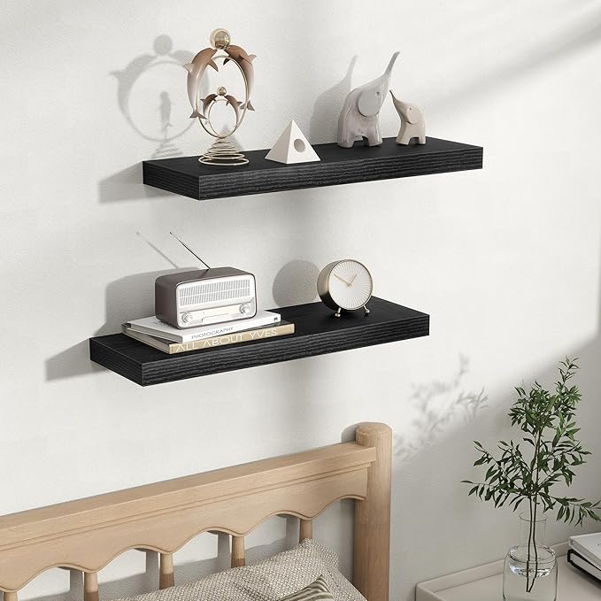 Fun Memories Floating Shelves for Wall, Rustic Wood Wall Mounted Shelves for Bathroom, Bedroom, Living Room & Kitchen, Storage Display Shelves, (Set of 2, Black, 24 in)