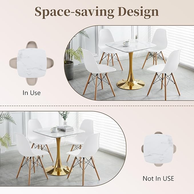 Square Dining Table,31.5" Tulip Table with Metal Pedestal,15-Minute Quick Assembly,Mid Century Modern Leisure Table for Kitchen Small Places Cafe (Faux Marble White Gold)