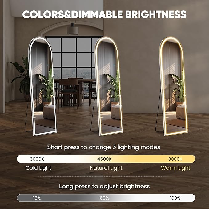 OLIXIS 16"x 60" Arched LED Full Length Mirror with Lights, Standing Lighted Floor Full Body Mirror with 3 Color Lighting, Wall Mounted Mirrors for Bedroom, Home, Entryway with Tempered Glass