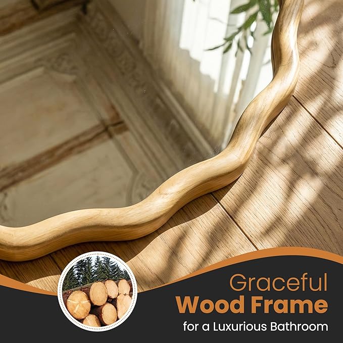 TRAHOME Round Wood Mirrors for Wall, 28" Boho Circle Wavy Mirror with Wooden Frame, Decorative Mirror with Tempered Glass, Natural Wooden Frame Vanity Mirror for Bedroom, Living Room, Entryway
