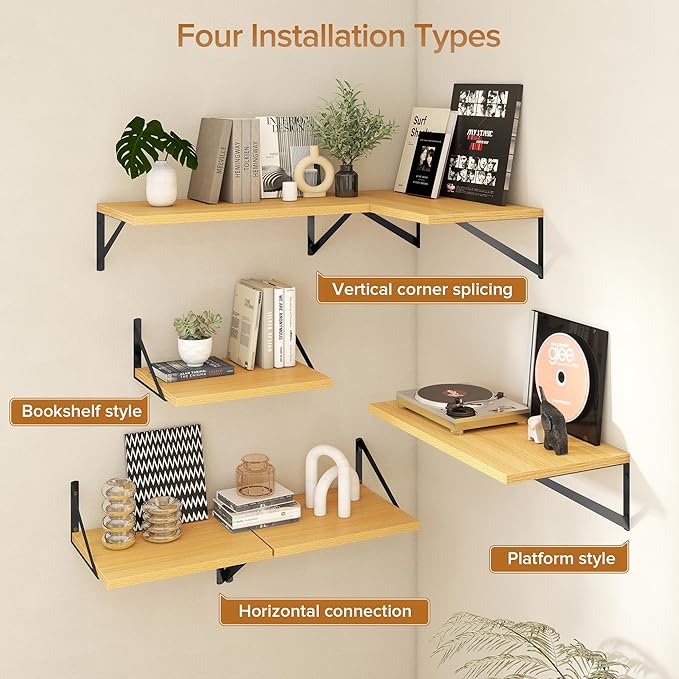 Deep Floating Shelves Wall Mounted, 12"x12" Oak Wall Shelves with Brackets Set of 2 for Bedroom, Living Room, Bathroom, Kitchen, Office - Storage & Display Shelf for Decor, Books, Plants