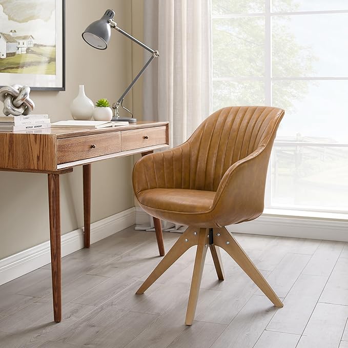 Art Leon Mid Century Modern Swivel Accent Chair with Arms, Beech Wood Legs Leather Upholstered Computer Desk Chair for Small Spaces Home Office Living Room Bedroom, Terracotta