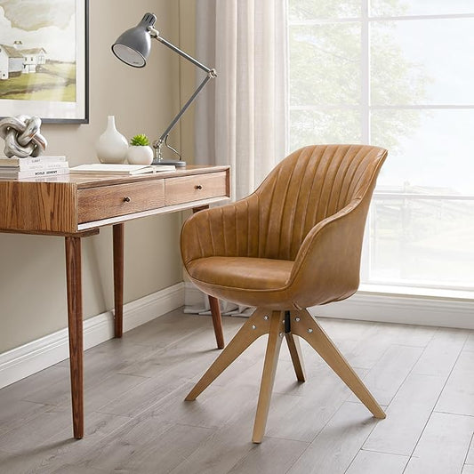 Art Leon Mid Century Modern Swivel Accent Chair with Arms, Beech Wood Legs Leather Upholstered Computer Desk Chair for Small Spaces Home Office Living Room Bedroom, Terracotta