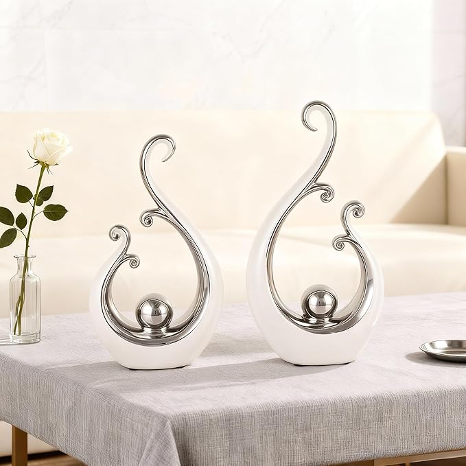 DOVDOV White and Silver Home Decor, Abstract Ceramic 2-Piece Sculpture Set, Modern mid-Century Art Statues, Perfect for Accent Tables, countertops, Coffee Tables, and entryway Decor.
