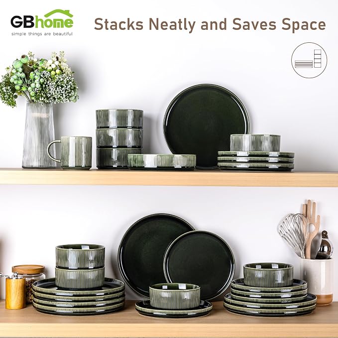 GBHOME 12-Piece Stoneware Dinnerware Set for 4 – Ribbed Ceramic Plates and Bowls, Scratch-Resistant, Microwave & Dishwasher Safe, Reactive Glaze, Mossed Jade