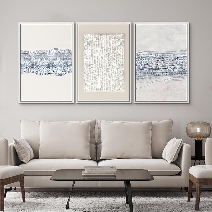 SIGNWIN Framed Canvas Print Wall Art Set Blue White Grunge Geometric Pattern Abstract Shapes Cozy Neutral Modern Art Decorative Contemporary Minimal for Living Room, Bedroom, Office - 24"x36"x3 White