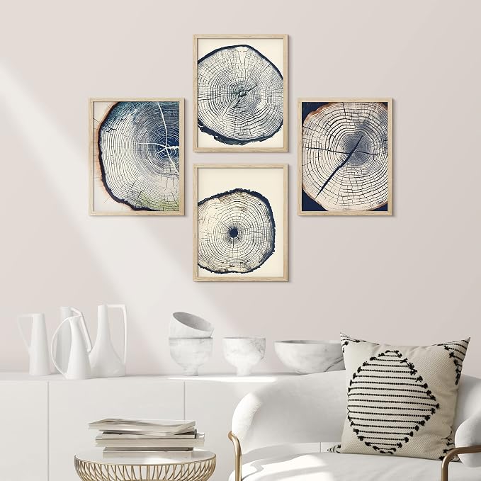 SIGNWIN Framed Blue & White Overexposed Wood Tree Ring Wall Art, Set of 4 Nature Wildernes Wall Decor Prints, Minimalism Wall Décor for Living Room, Bedroom - 8"x10" Natural
