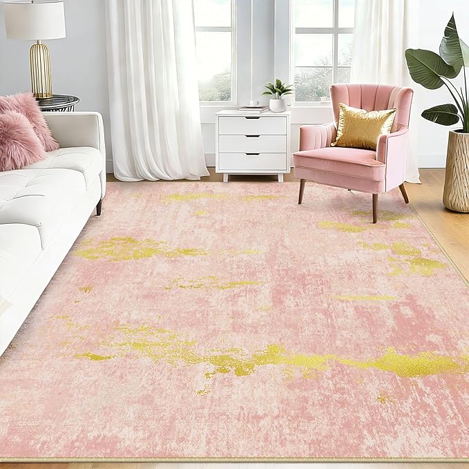 Washable Area Rugs 5'x7' Non-Slip Modern Abstract Soft for Living Room Entryway Bedroom Nursery, Print Pattern, Pink Gold/Golden