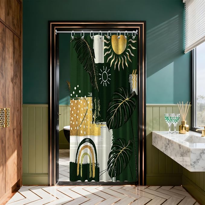 Small Stall Narrow Green and Gold Shower Curtain Boho Stand Up Abstract Shower Curtains for Rv Camper Bathroom Decor Sets, Waterproof Cloth Fabric with Hooks, 48 x 72 Inch