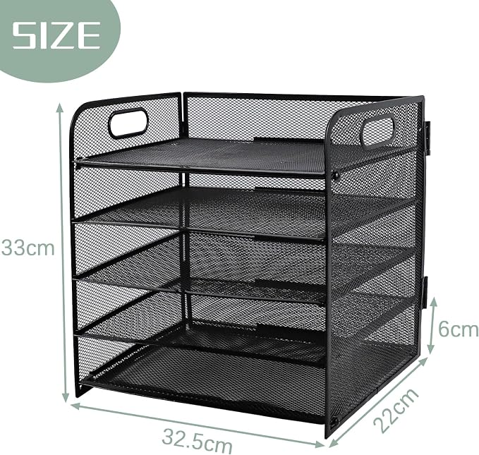 Paper Letter Tray with Handle, 5 Tier Metal Mesh Desk File Organizer, A4 Paper Desktop Filing Trays, Desk Tidy Magazine Document Holder for Home Office, Black