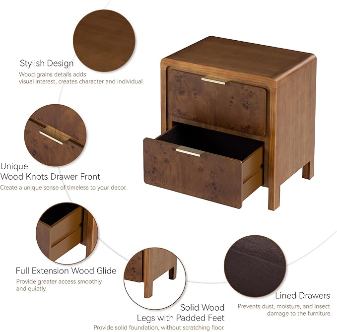 COZAYH Farmhouse Nightstand with 2 Drawer, Distressed Wood Rustic Accent Bedside Table, Burl Finish Side Table for Bedroom, Entryway, Fully Assembled, Brown