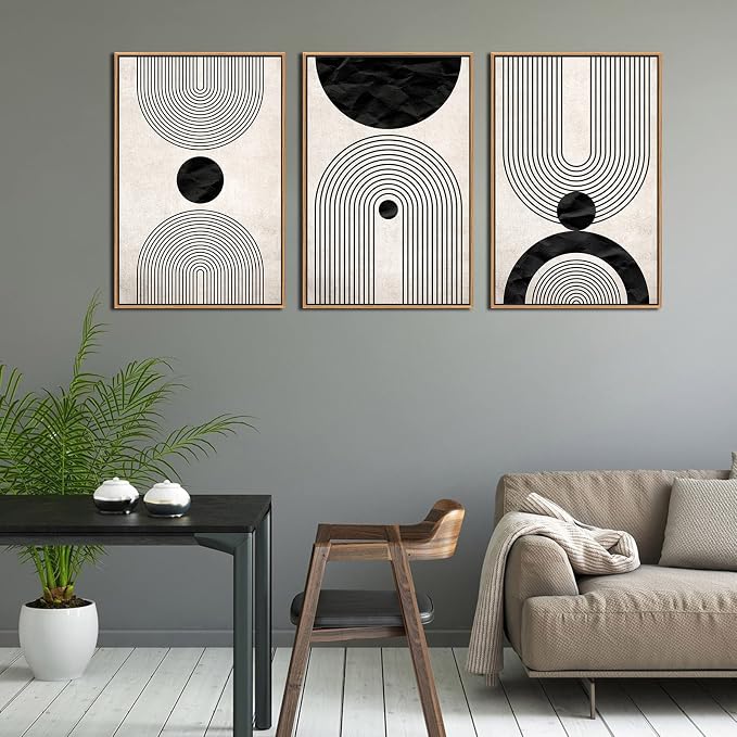 Framed Wall Art Canvas Set Mid Century Boho Pictures Modern Abstract Geometric Wall Decor Minimalist Black Beige Bohemian Canvas Painting Artwork for Living Room Bedroom Office 16"x24"x3 Natural