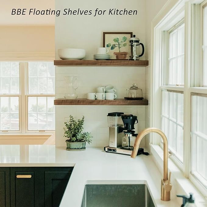 BEE Floating Shelves for Room Wall Rustic Walnut Wooden Bathroom Wall-Mounted Shelf Over Toilet Decor 16 Inch Storage Wood Shelves for Living Room, Bedroom, Kitchen Farmhouse 16D x 6.7W Set of 2