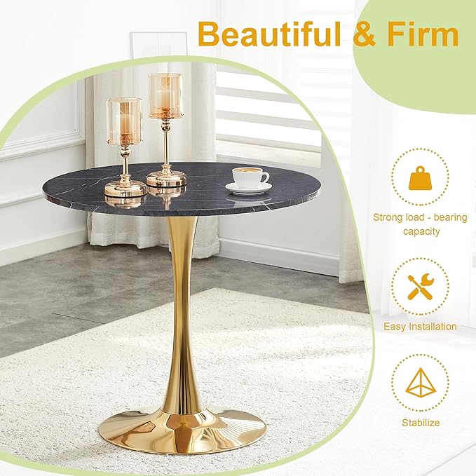 31.5 Inch Small Round Dining Table for 2-4 Person, Circle Tulip Table with Faux Marble MDF Top and Gold Metal Base,Mid Century Modern Bistro Table for Kitchen, Small Places,Living Room, Cafe