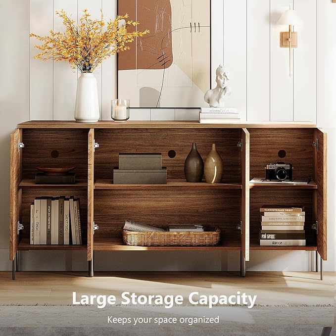 WAMPAT Fluted Buffet Cabinet with Storage, 61.5" Large Sideboard Cabinet with Storages, Modern Buffet Table Coffee Bar Wine Bar Storage Organizer with 4 Doors for Kitchen, Dining Room, Hallway, Walnut