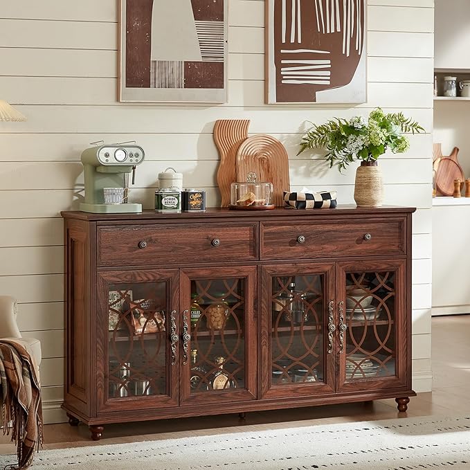 Farmhouse Sideboard Buffet Cabinet with Storage,59" Large Credenza with 4 Glass Doors & 2 Drawers,Adjustable Shelves Console Table,Wood Kitchen Coffee Bar for Dining Room,Living Room,Brown