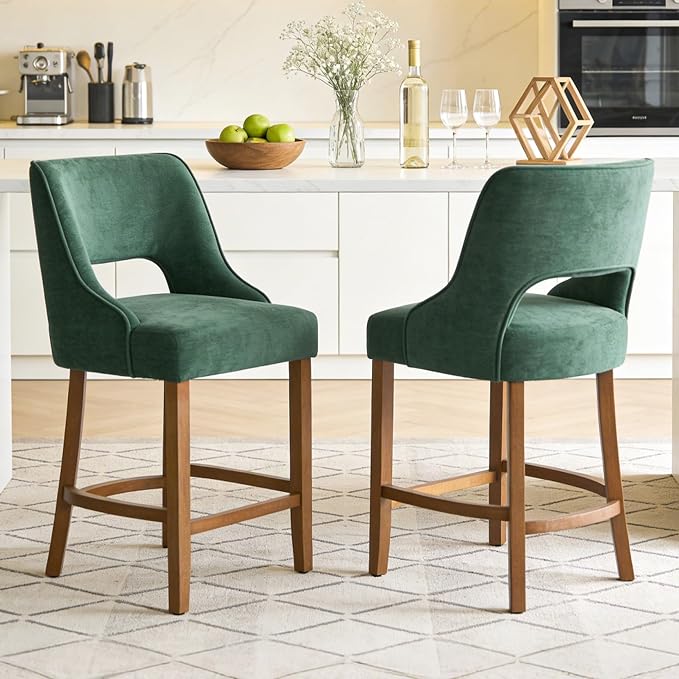 ClinQ Bar Stools Set of 3, 26" H Counter Height Bar Stools with Backs, Modern Upholstered Accent Barstools with Curved Footrest for Kitchen Island, Dining Room and Bar, Green-Walnut Legs