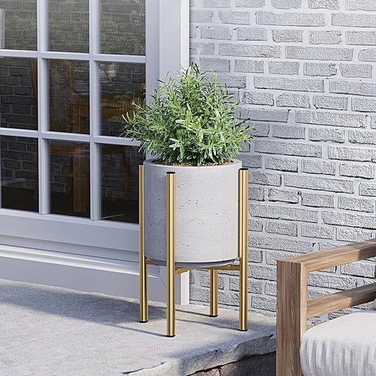 Adjustable Metal Plant Stand Indoor, Fits 8-14 Inch Pots, Mid Century Modern Gold Planter Holder,2 Heights, Heavy Duty 160 lb, Indoor Outdoor Corner Floor Pot Stand, Golden with Round Plate