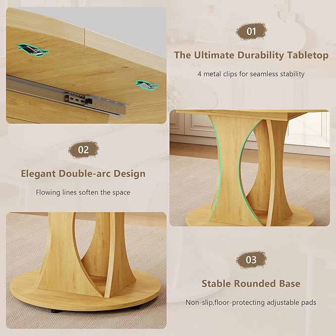 Einhomn 59" Extendable Round Dining Table for 6-8, Kitchen Table with Sturdy Double Arc Base & Backboard Clasp Desktop, Mid-Century Modern Dinner Table, Kitchen Dining Room, Space Saving, Natrual