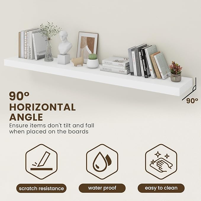 72 Inch Floating Shelves | 12 Inch Deep White Floating Shelves Set of 2 | 72" W x 12" D Rustic White Wood Wall Shelves for Bathroom Living Room Kitchen Laundry Room