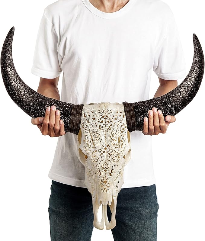 Skull Bliss - Hand-Carved Real Authentic Taxidermy Cow Skull/Bull Skull Wall Decor with Horns/Real Animal Cow Skull Wall Decor (Hand-Carved Horns)