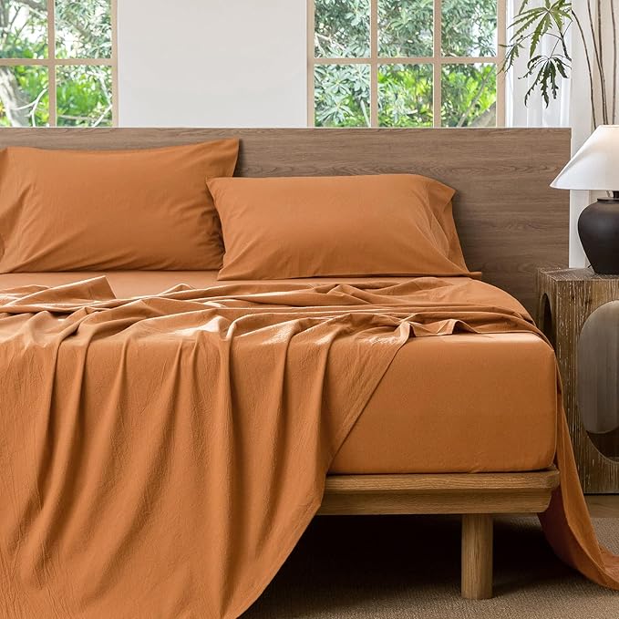MooMee Bedding Sheet Set 100% Washed Cotton Linen Like Textured Breathable Durable Soft Comfy (Solid Burnt Orange, Twin XL)