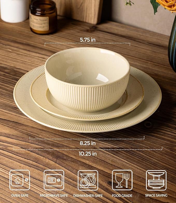 TheTerra Stoneware Dinnerware Sets for 4, 12 Pieces Ceramic Plates and Bowls Sets, Scratch Resistant Embossed Dish Set, Oven, Microwave & Dishwasher Safe, Cappuccino