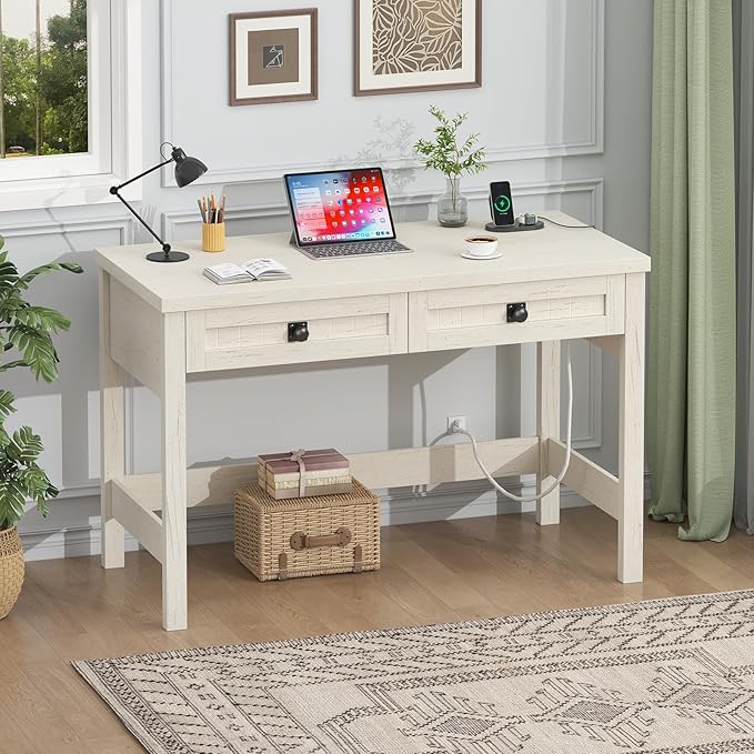 YOMILUVE Farmhouse Computer Desk with 2 Drawers, 39 Inch Small Office Computer Desk with Power Outlets, Compact Writing Study Vanity Desk for Small Spaces, White