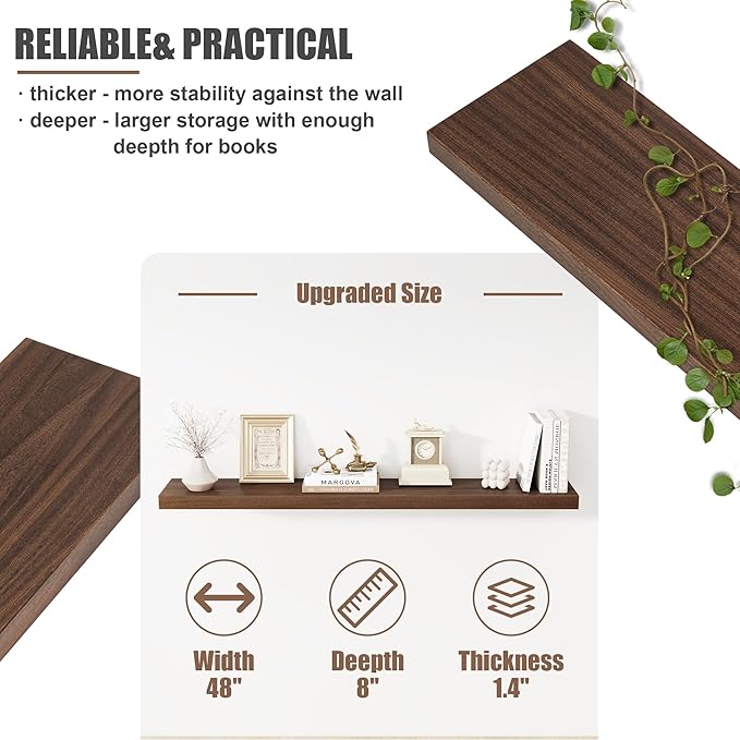 Floating Shelves for Wall, USA-Sourced Sapele Wood 48 Inch Long Wall Shelves, Natural Wooden Mounted Picture Ledge Shelf, Nursery Book Storage Shelf Kids Bookshelf, Display Shelf for Bathroom