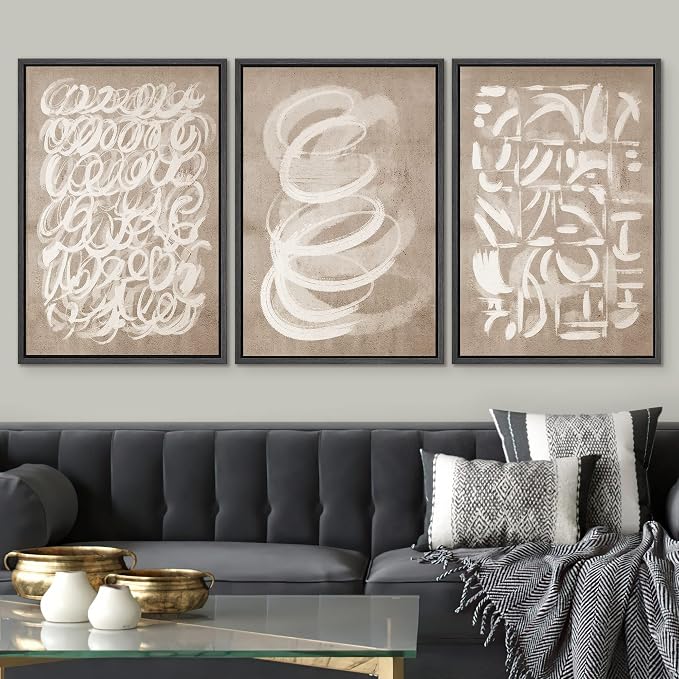 SIGNWIN Framed Canvas Print Wall Art Set Geometric Brown White Paint Collage Shapes Abstract Illustrations Modern Art Decorative Nordic Calm/Zen for Living Room, Bedroom, Office - 24"x36"x3 Black