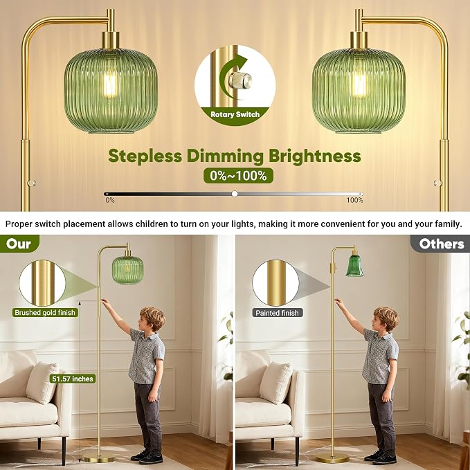 QiMH Glass Floor Lamp for Living Room, Modern Standing Lamp with Green Ribbed Glass Lampshade, Stepless Dimmable Rotary Switch, 67” Tall Lamp for Bedroom Home Decor, Brushed Gold